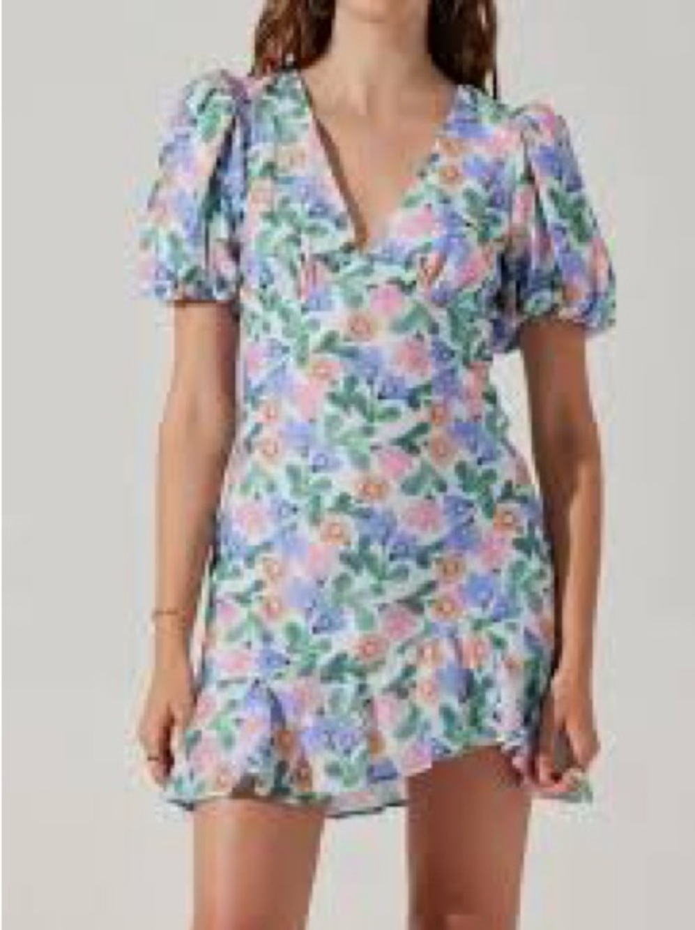 ASTR The Label Floral Puff Sleeve Ruffle Mini Dress Pastel Multicolor size M